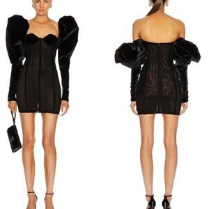LaQuan Smith Velvet Dress Off The Shoulder Puff Sleeve Black Mini L